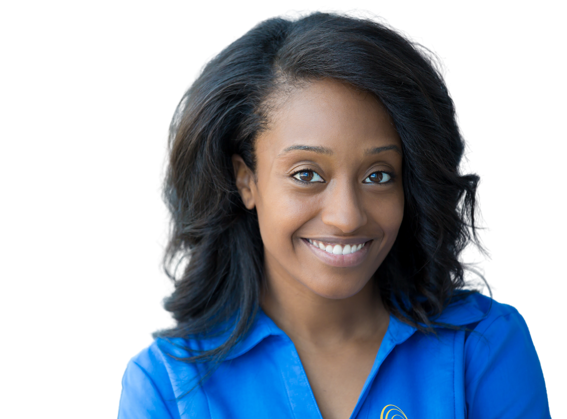 Caregiving Careers Smiling woman in a blue uniform, symbolizing compassionate caregiving and professional support.