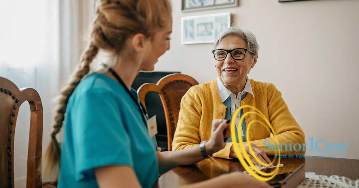 A senior woman enjoys the benefits of private duty care as her caregiver checks in on her.