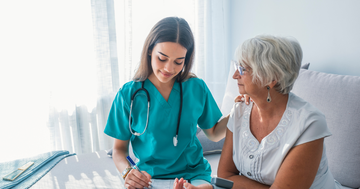 A nurse provides skilled nursing services to a woman in the comfort of her home.