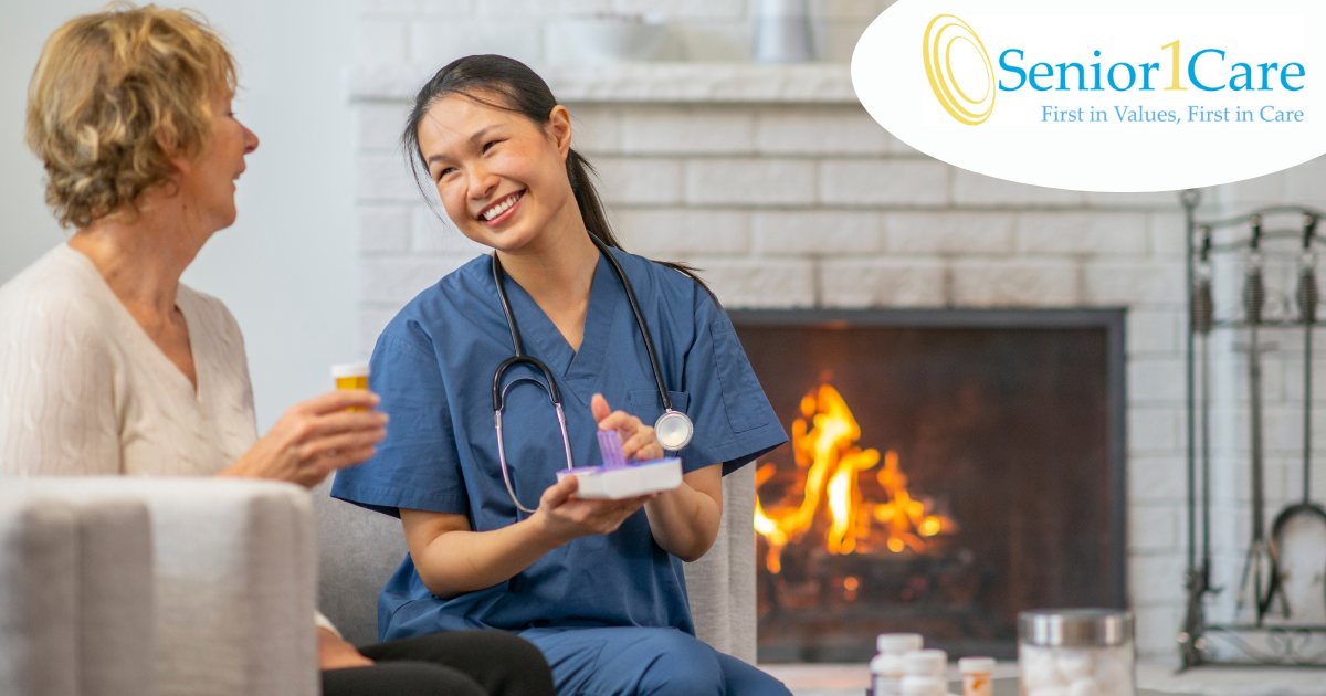 An in-home nurse from a quality home health care agency helps a senior patient with their medications.