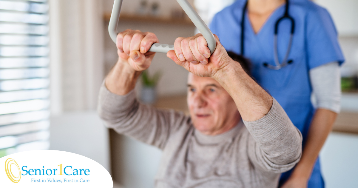 A senior exercises and improves his strength through physical therapy in his own home.