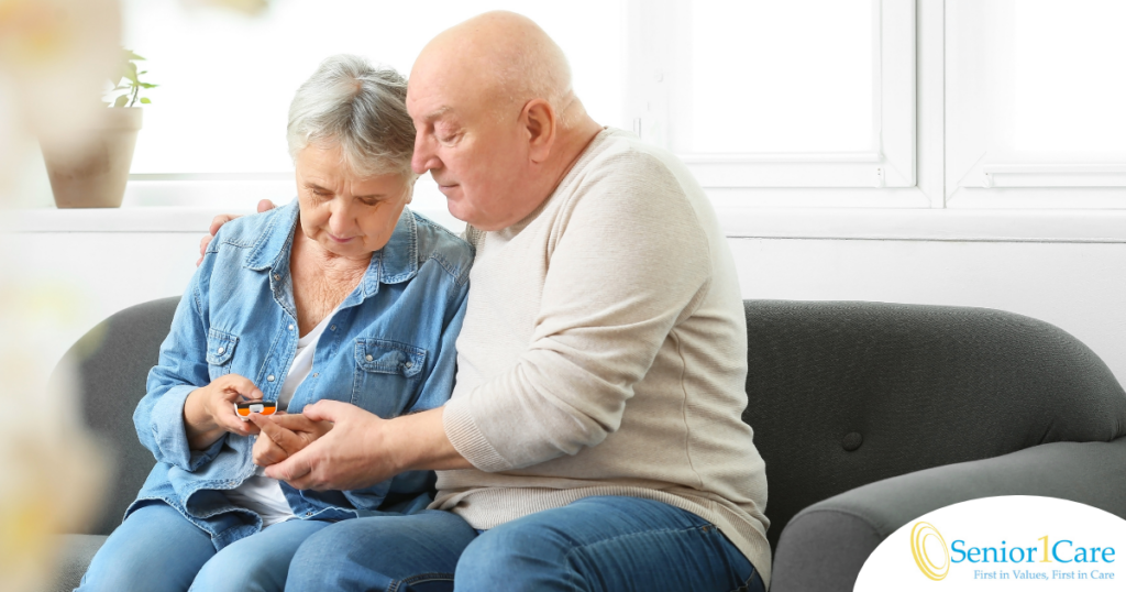 Chronic conditions like diabetes can be easier to manage when supported by others, as shown by this husband who is lovingly helping his wife take her blood sugar.