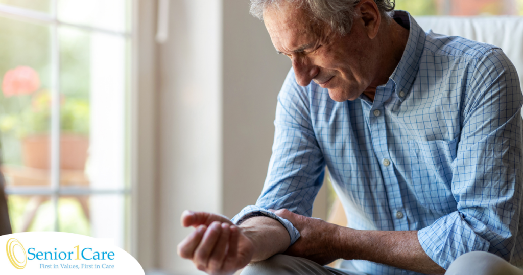 A senior man struggles with managing arthritis pain in his elbow.