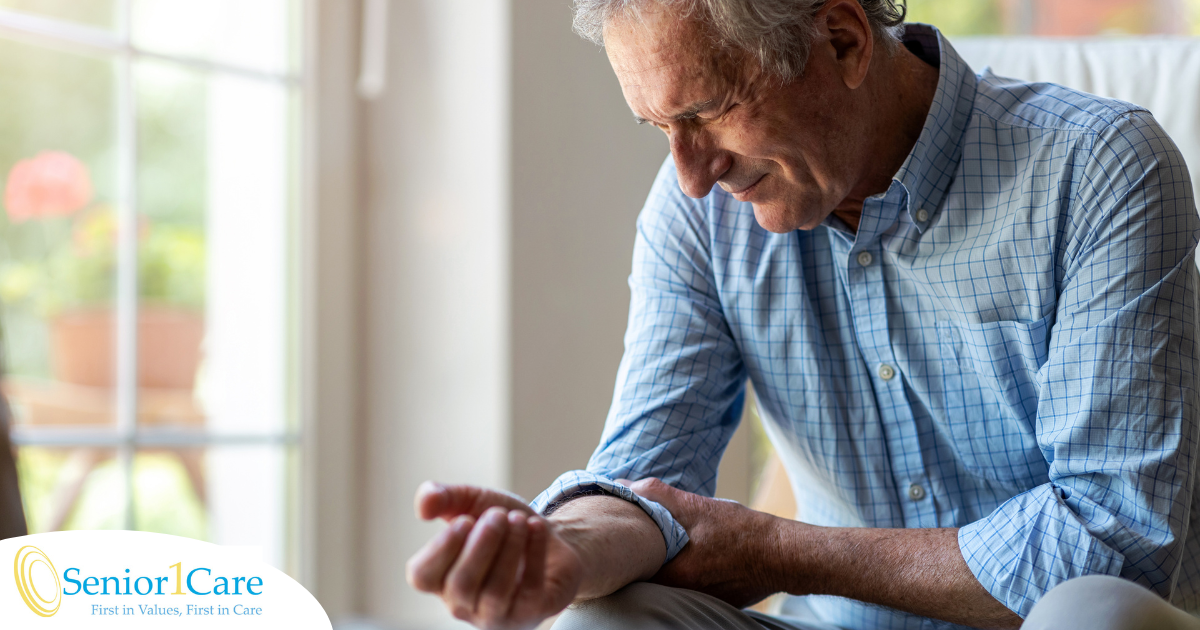 A senior man struggles with managing arthritis pain in his elbow.