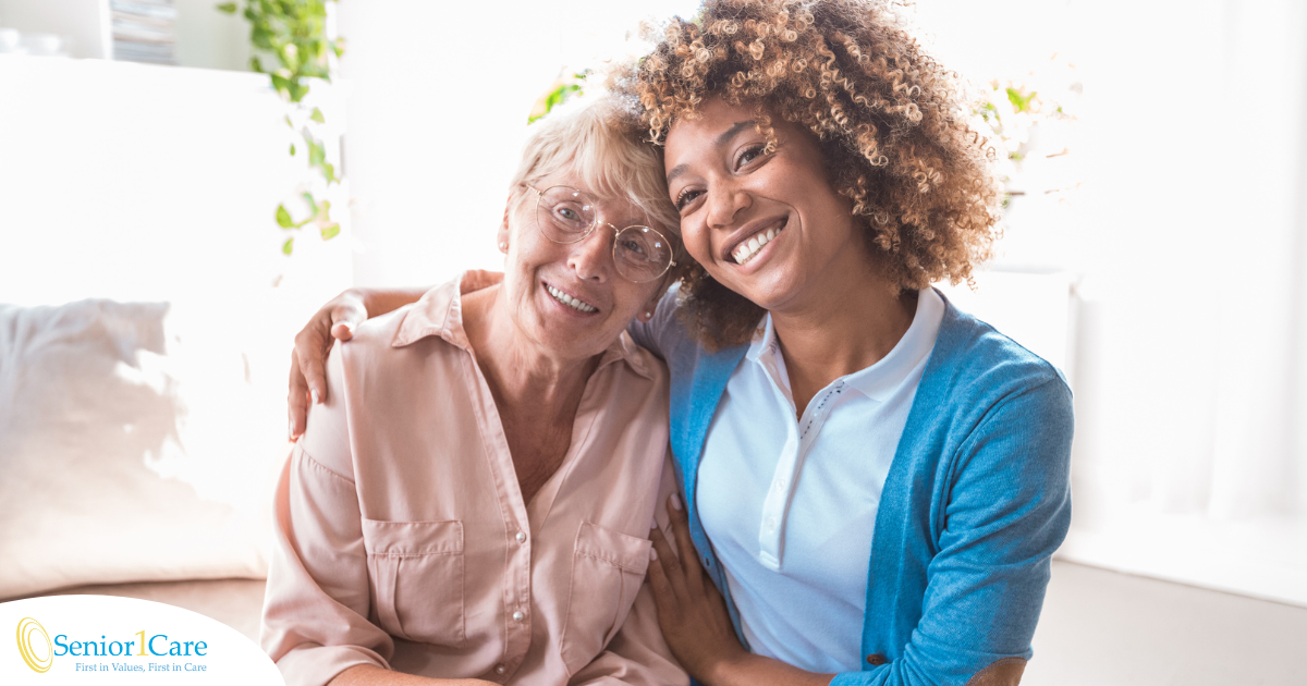 A caregiver enjoys professional caregiving as she helps a senior client.