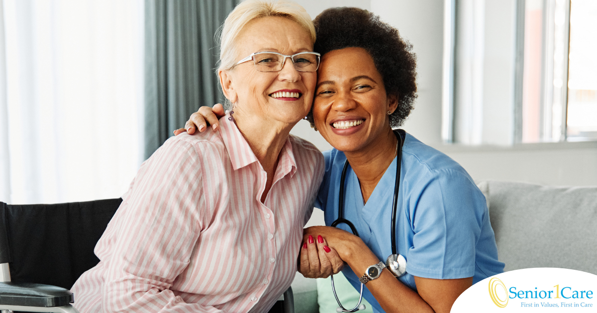 A nurse hugs a senior client at home showing how being in home health as a licensed practical nurse can be rewarding.