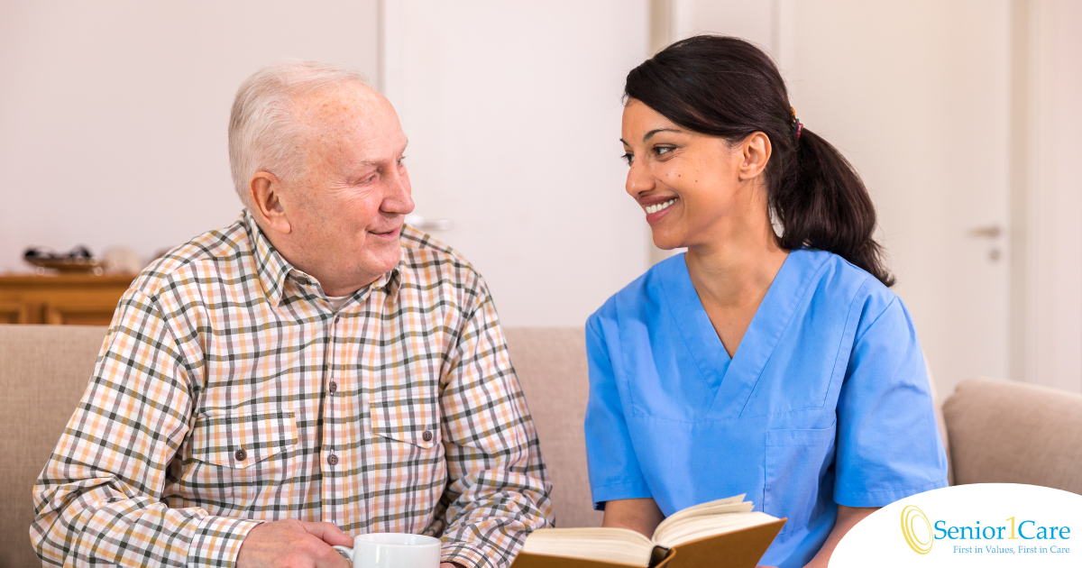 A professional caregiver enjoys her flexible career as she cares for and reads to an older client.