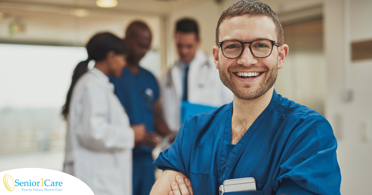 A young man in healthcare smiles, representing how a career as a professional caregiver can lead to a happy career as a healthcare professional.