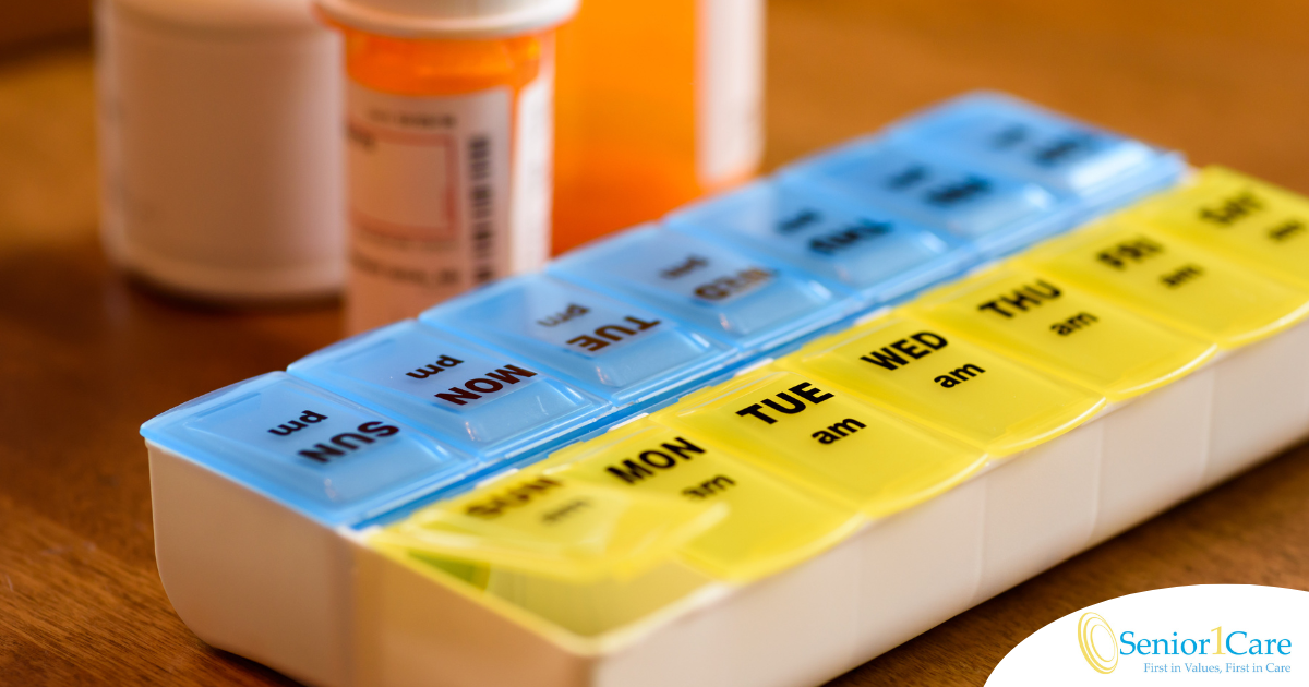 Medication bottles and a weekly pill box represent medication management.