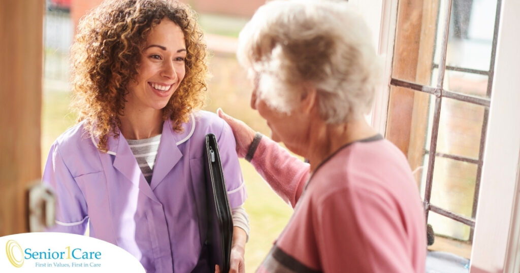 A happy caregiver enters the home of a client, representing in-home recovery care.