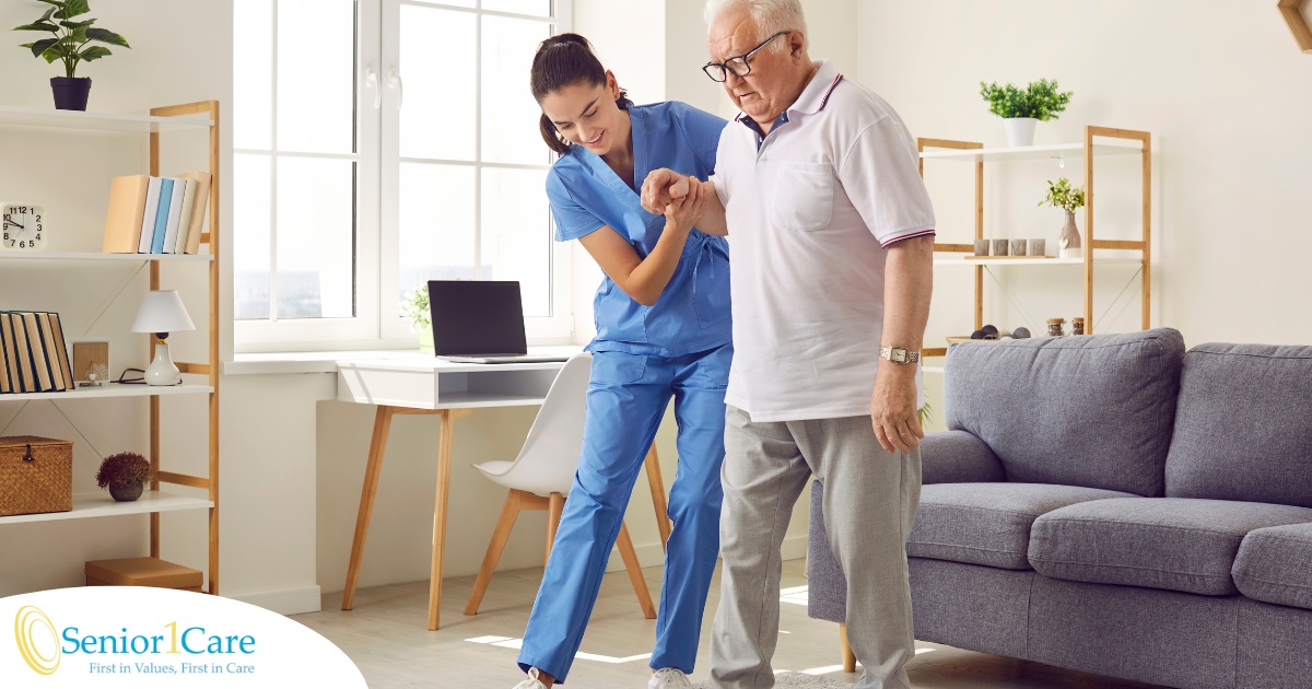 Seniors may need extra help after a fall, and elder care professionals, like this one helping a senior client, can make a massive difference.