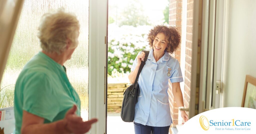 A caregiver comes in to see a client at home representing senior home care and the services offered.