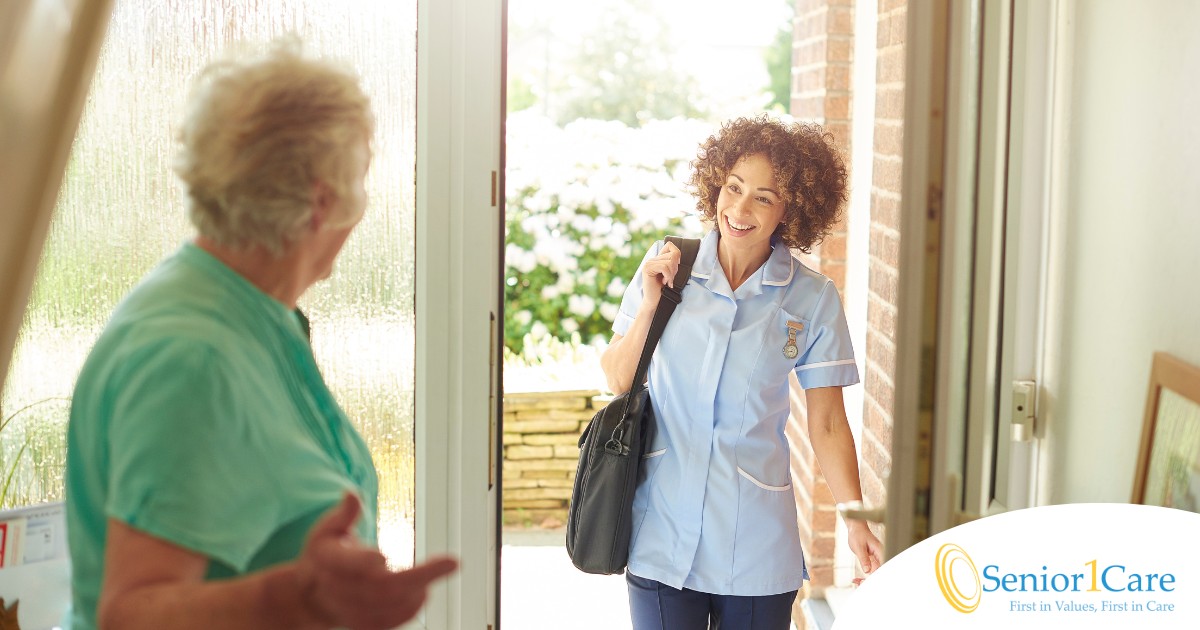A caregiver comes in to see a client at home representing senior home care and the services offered.