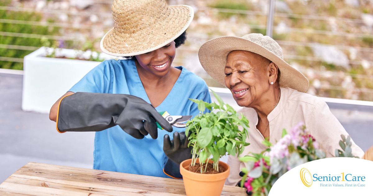 Caregiver and Senior gardening as part of companion care activities.