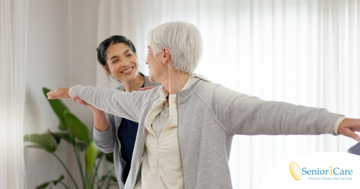 A caregiver and senior practice tai chi as one of many enriching activities for seniors at home.