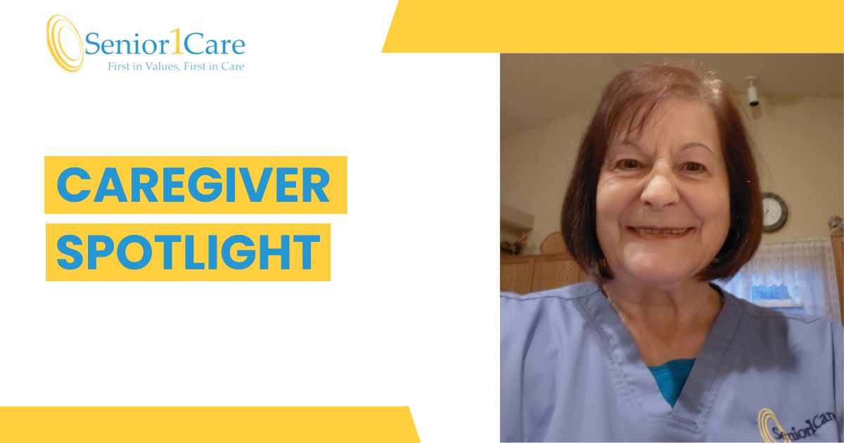 Caregiver Spotlight featuring a smiling female caregiver in blue scrubs from Senior1Care, highlighting compassionate in-home care support.