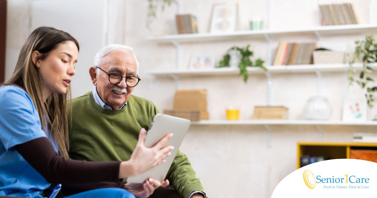Home caregiver assisting senior man to use telehealth and senior care