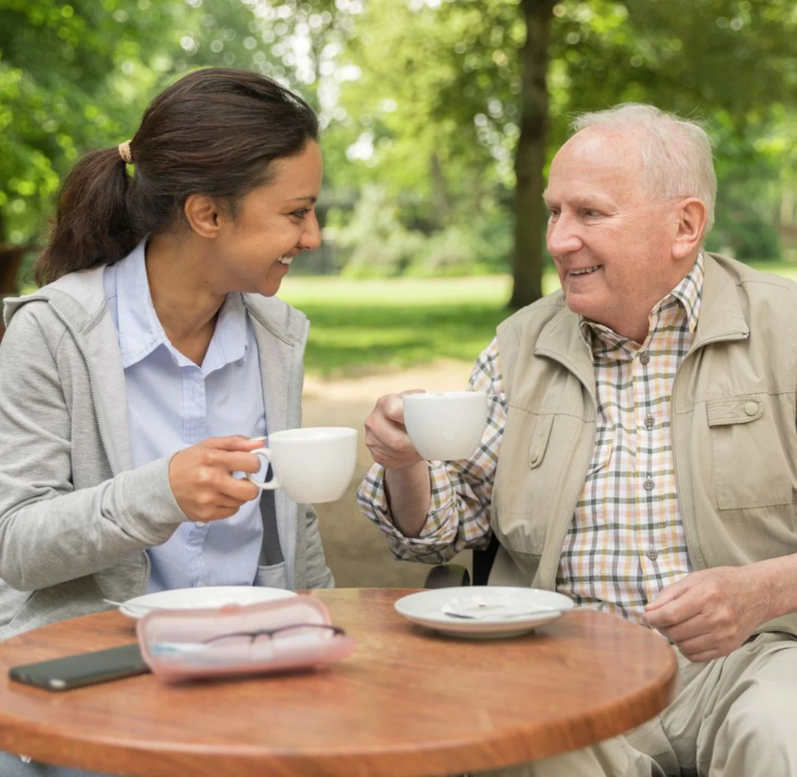 Caregiver enjoying coffee and conversation with an older man outdoors, providing Companion Care in Avon that encourages social connection and emotional well-being.