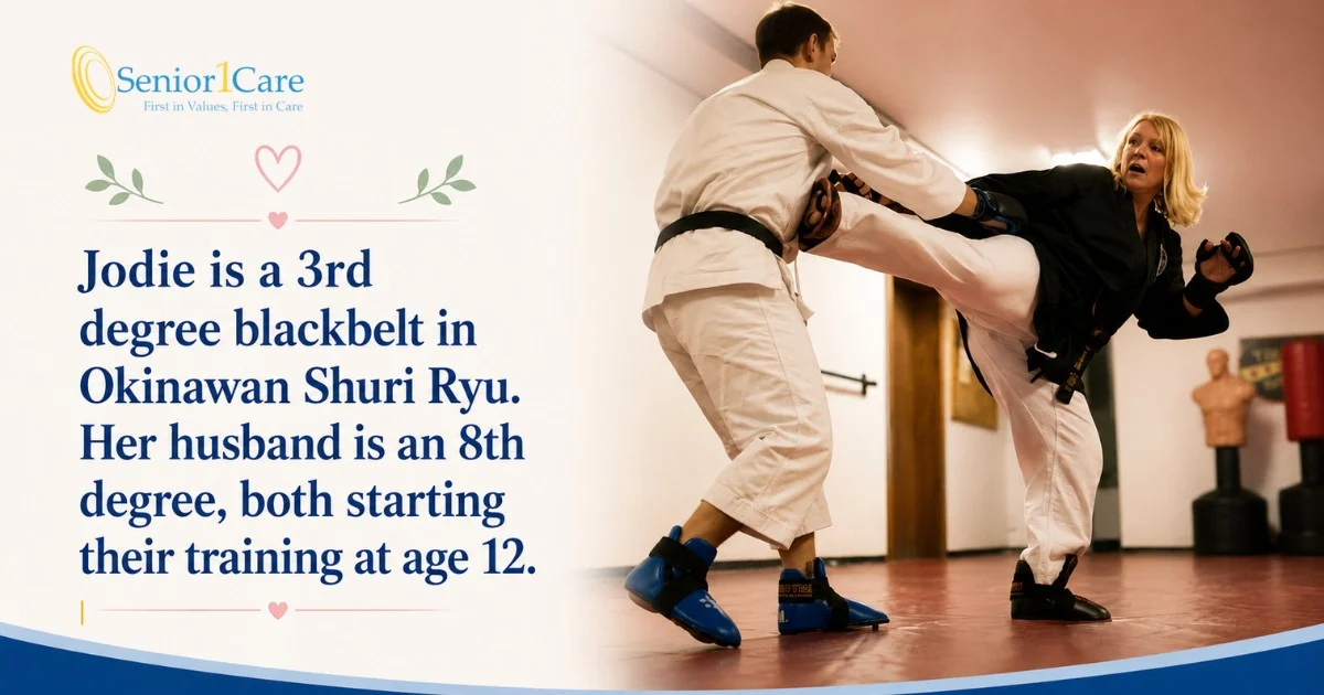 Jodie is a 3rd degree blackbelt in Okinawan Shuri Ryu. Her husband is an 8th degree, both starting their training at age 12.