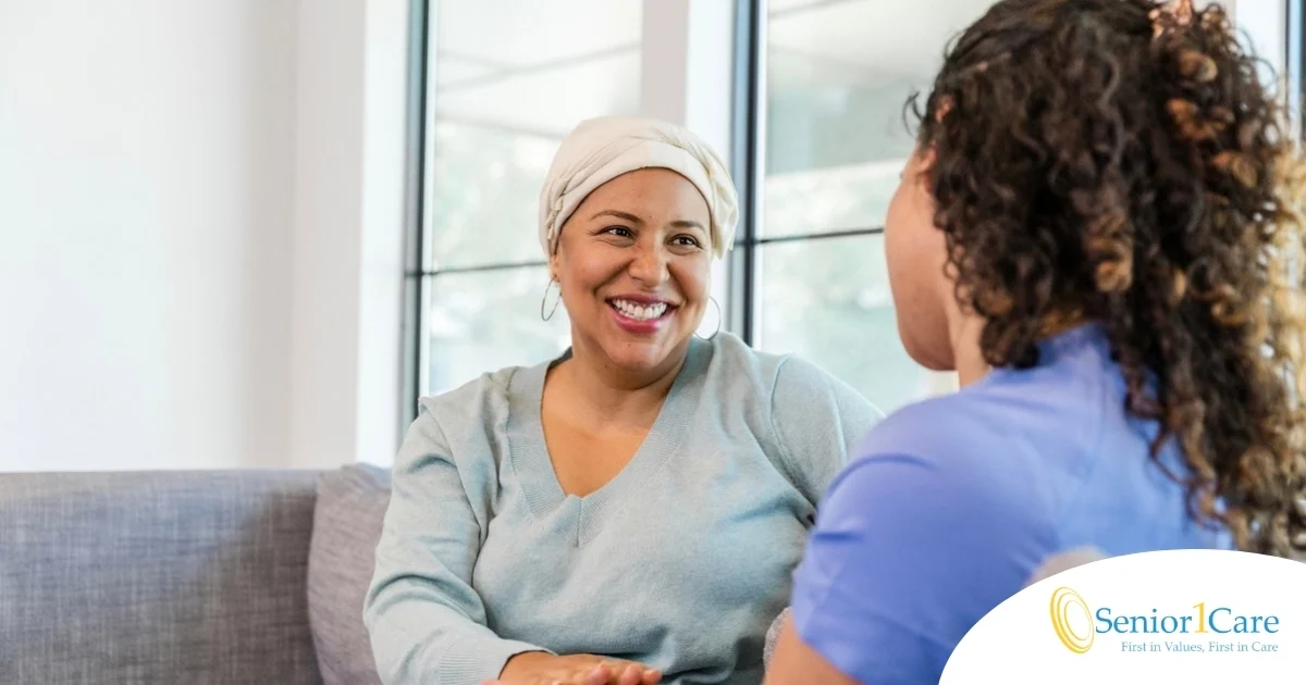 Senior woman benefiting from home care during cancer treatment.